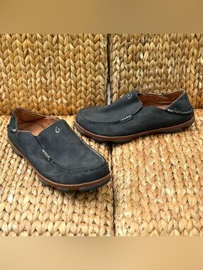 OLUKAI Moloa Men's Leather Nubuck Sz 11 Slip On Shoes 10128-4033 Black  .